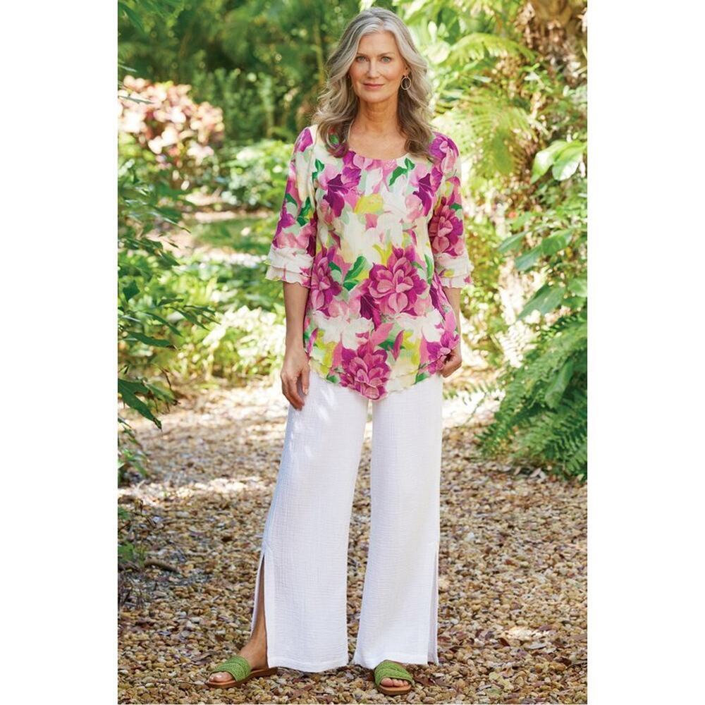Soft Surroundings Blouse Womens Size Medium Colorful Floral Tiered Scallop Hem - Picture 3 of 16